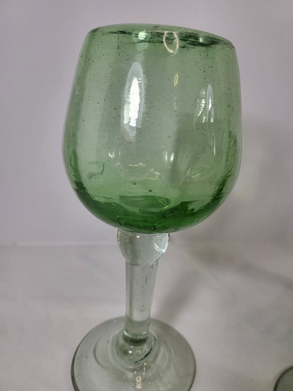 Vintage Hand Blown Green Glass Goblets, Set of 3 Bubble Glass Wine Glasses - Picture 4 of 8
